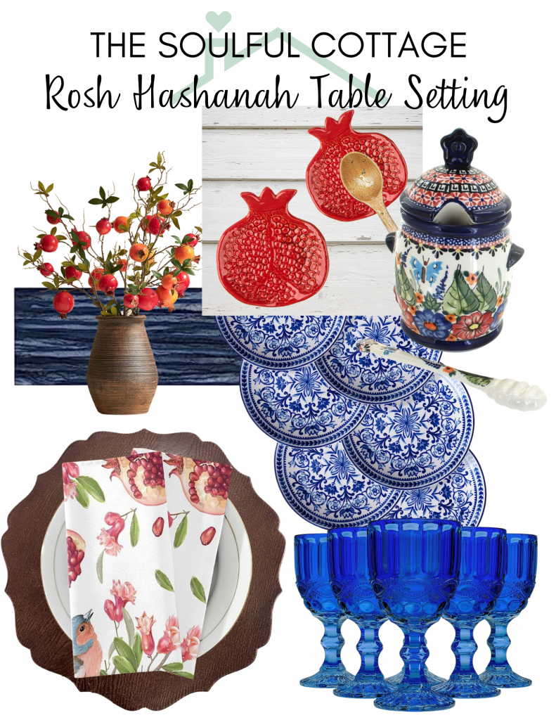 pomegranate blue and white themed summer rosh hashanah table setting